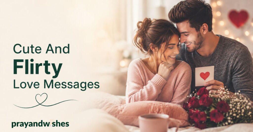 280+ Romantic Love Messages To Melt Your Partner’s Heart 4 Romantic couple sharing a sweet and playful moment in a cozy setting for cute and flirty love messages, surrounded by warm lighting, roses, and heartfelt vibes.