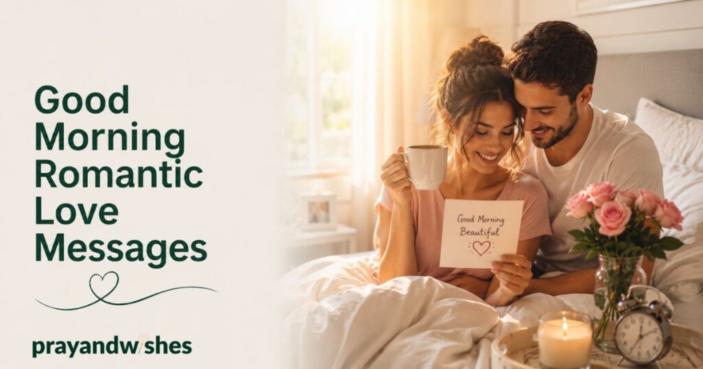 280+ Romantic Love Messages To Melt Your Partner’s Heart 8 Couple sharing good morning romantic love messages in a cozy sunlit bedroom with coffee, roses, and warm cinematic lighting