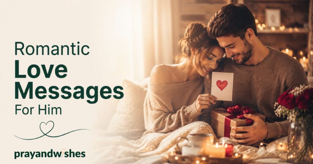 280+ Romantic Love Messages To Melt Your Partner’s Heart 6 Romantic couple sharing a heartfelt moment with a love note and gift for romantic love messages for him, surrounded by warm candlelight and cozy ambiance.
