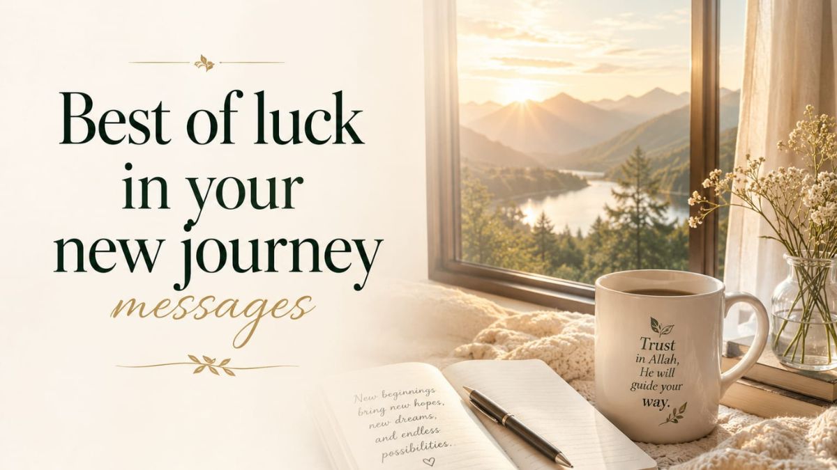 Best of Luck in Your New Journey Messages with a cozy sunrise window view, coffee mug, journal, and peaceful mountain scenery.