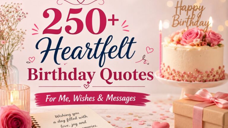 "Elegant birthday-themed featured image with a beautiful pink floral cake, glowing candles, gift box, rose flowers, and soft pastel background. Large text reads ‘250+ Heartfelt Birthday Quotes For Me, Wishes & Messages,’ creating a warm, joyful, and self-love-inspired birthday celebration atmosphere."