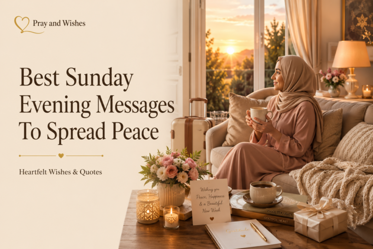 Premium Pinterest-style featured image showing a peaceful Sunday evening indoor setting with warm golden sunset light, cozy sofa, flowers, coffee mugs, elegant home decor, and heartfelt Sunday evening wishes in a luxury family-friendly atmosphere.
