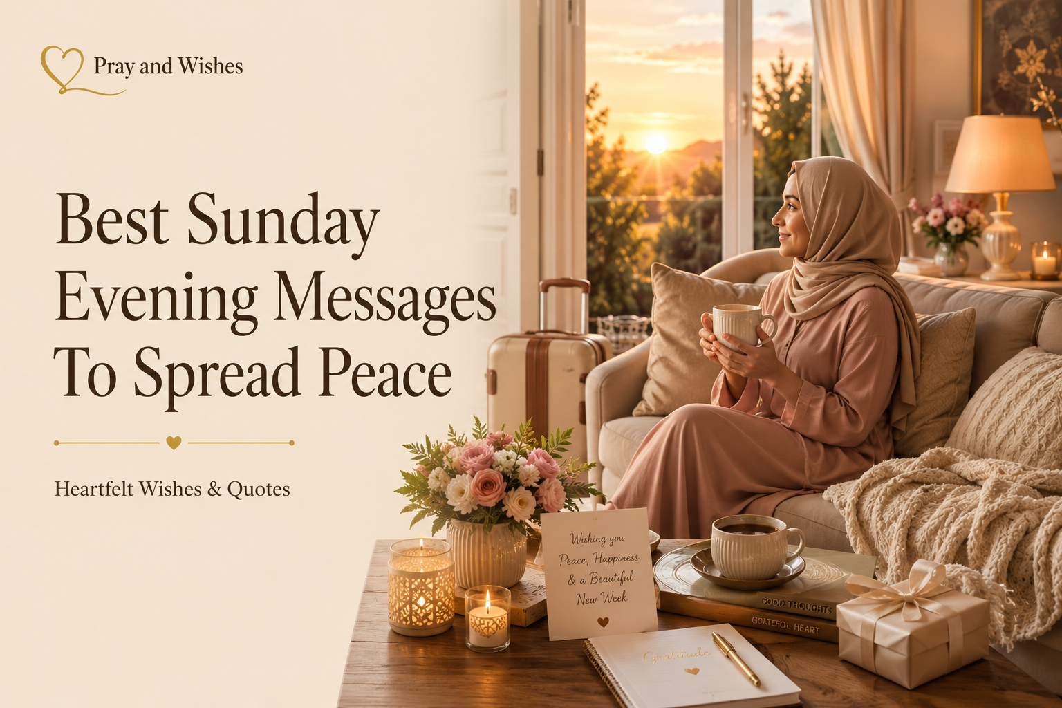 Premium Pinterest-style featured image showing a peaceful Sunday evening indoor setting with warm golden sunset light, cozy sofa, flowers, coffee mugs, elegant home decor, and heartfelt Sunday evening wishes in a luxury family-friendly atmosphere.
