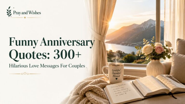 Funny Anniversary Quotes featured image with luxury romantic morning scene, coffee mug, roses, sunrise mountain view, and elegant typography for couples.