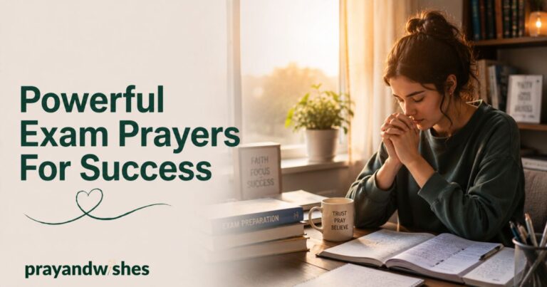 Student praying at a study desk before exams for powerful exam prayers for success,