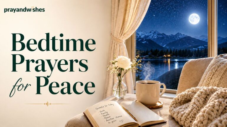 10 Powerful Bedtime Prayers for Peace featured image showing a cozy nighttime window-side setting with a bright full moon over peaceful mountains and a calm lake. Soft beige curtains frame the moonlit view, while a steaming white coffee mug, open gratitude journal, white rose in a glass vase, and cream knitted blanket create a warm and comforting atmosphere. Elegant dark emerald green typography and the PrayAndWishes logo add a faith-inspired, peaceful, and luxurious nighttime aesthetic.