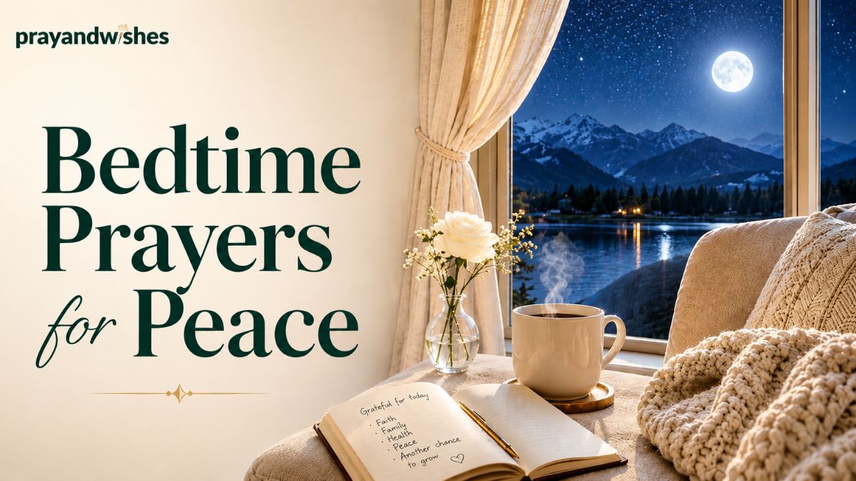 10 Powerful Bedtime Prayers for Peace featured image showing a cozy nighttime window-side setting with a bright full moon over peaceful mountains and a calm lake. Soft beige curtains frame the moonlit view, while a steaming white coffee mug, open gratitude journal, white rose in a glass vase, and cream knitted blanket create a warm and comforting atmosphere. Elegant dark emerald green typography and the PrayAndWishes logo add a faith-inspired, peaceful, and luxurious nighttime aesthetic.