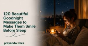 120 Beautiful Goodnight Messages to Make Them Smile Before Sleep featuring a peaceful nighttime scene with a person looking at the stars under a warm moonlit sky