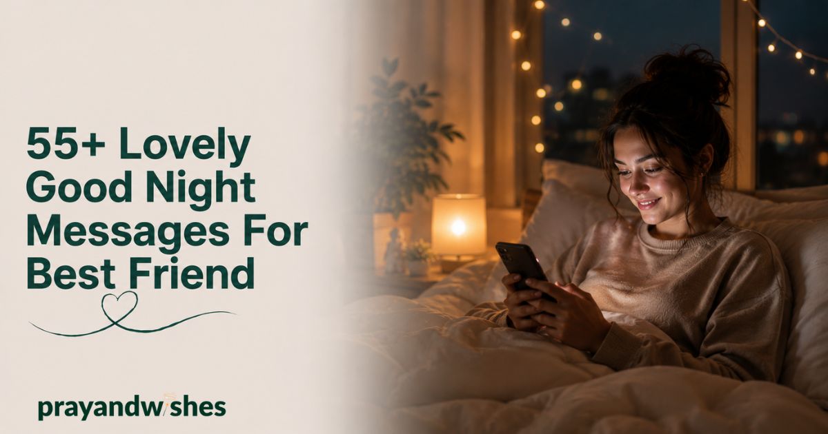 55+ Lovely Good Night Messages For Best Friend featuring a smiling woman reading a heartfelt message on her phone in a cozy bedroom at night with warm lights and a peaceful atmosphere.