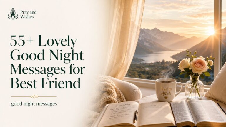 55+ Lovely Good Night Messages for Best Friend featured image with luxury sunrise window view, Bible, journal, coffee mug, and elegant typography.