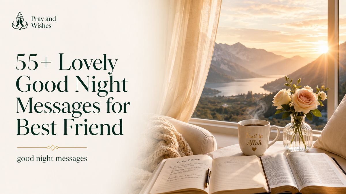 55+ Lovely Good Night Messages for Best Friend featured image with luxury sunrise window view, Bible, journal, coffee mug, and elegant typography.