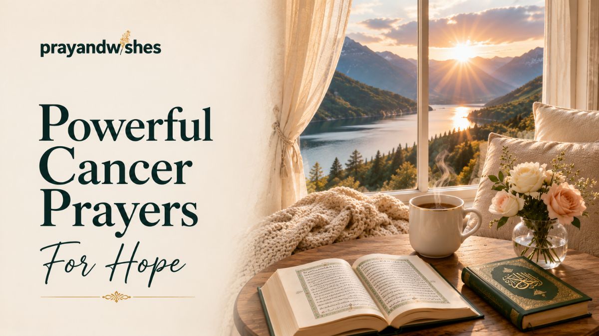 7 Powerful Cancer Prayers For Hope featured image with open Quran, sunrise lake view, coffee mug, flowers, and peaceful faith-filled atmosphere.