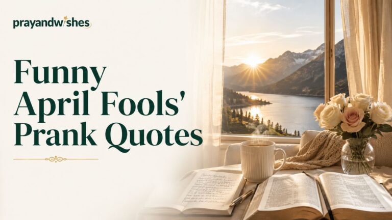 Funny April Fools' Prank Quotes featured image showing a luxury morning setting beside a large window overlooking peaceful mountains, a calm lake, and a golden sunrise. A steaming white ceramic coffee mug sits next to an open devotional journal and Bible on a cozy cream sofa with a knitted blanket. Soft beige linen curtains glow in warm sunlight, while a vase of white and blush roses adds elegance. Large dark emerald green typography displays the title, creating a clean, faith inspired, Pinterest style blog banner with a warm and inviting atmosphere.