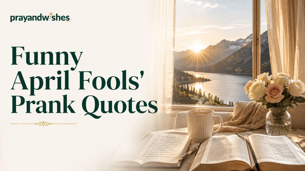 Funny April Fools' Prank Quotes featured image showing a luxury morning setting beside a large window overlooking peaceful mountains, a calm lake, and a golden sunrise. A steaming white ceramic coffee mug sits next to an open devotional journal and Bible on a cozy cream sofa with a knitted blanket. Soft beige linen curtains glow in warm sunlight, while a vase of white and blush roses adds elegance. Large dark emerald green typography displays the title, creating a clean, faith inspired, Pinterest style blog banner with a warm and inviting atmosphere.