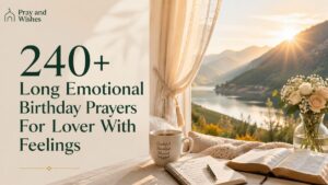 240+ Long Emotional Birthday Prayers For Lover With Feelings featured image showing a luxury morning prayer setting beside a large window overlooking peaceful mountains, a calm lake, and a golden sunrise. A steaming white coffee mug, open devotional journal, and Bible rest on a wooden table near soft beige curtains and a cream knitted blanket. Elegant white and blush roses add warmth to the scene, while dark emerald green typography and the Pray and Wishes logo create a faith-filled, romantic, and inspirational Pinterest style blog banner for 240+ Long Emotional Birthday Prayers For Lover With Feelings.