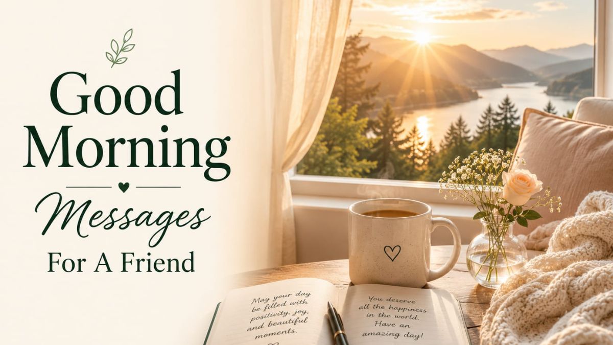 Good Morning Messages For A Friend featured image with a cozy sunrise, coffee mug, and peaceful morning view.