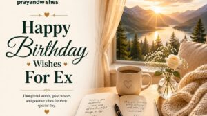 Happy Birthday Wishes for Ex featured image with elegant typography, a cozy coffee mug, open journal, soft blanket, and a peaceful sunrise mountain view.