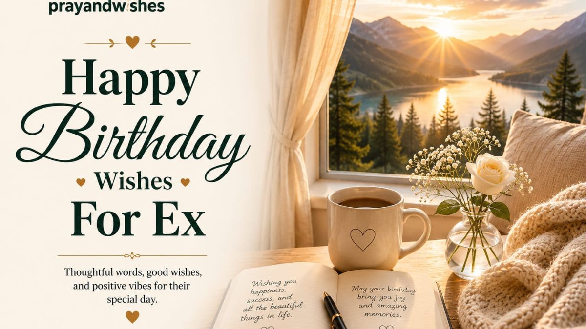 Happy Birthday Wishes for Ex featured image with elegant typography, a cozy coffee mug, open journal, soft blanket, and a peaceful sunrise mountain view.