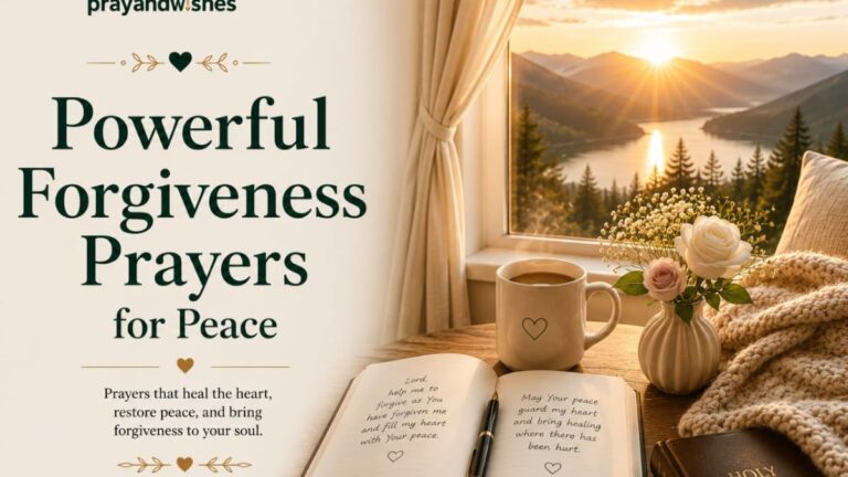 Powerful Forgiveness Prayers for Peace featured image with PrayandWishes logo, elegant dark emerald green typography, a cozy sunrise window view, steaming coffee mug, open prayer journal, Bible, soft blanket, and peaceful mountain landscape.