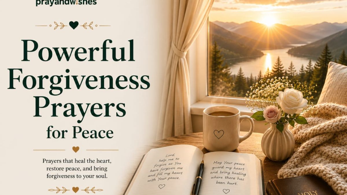 Powerful Forgiveness Prayers for Peace featured image with PrayandWishes logo, elegant dark emerald green typography, a cozy sunrise window view, steaming coffee mug, open prayer journal, Bible, soft blanket, and peaceful mountain landscape.