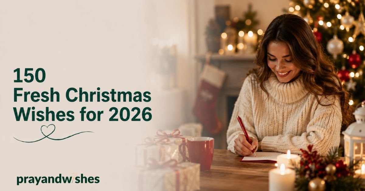 Woman writing Christmas cards beside a decorated Christmas tree with glowing lights and gifts, featured image for 150 Fresh Christmas Wishes for 2026.